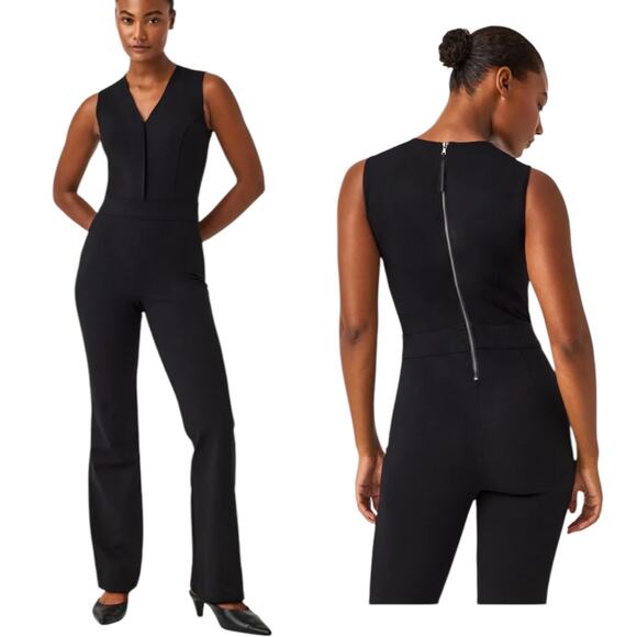 NWT Spanx The Perfect Jumpsuit Black Sleeveless Shaping Tech Flare Size Medium